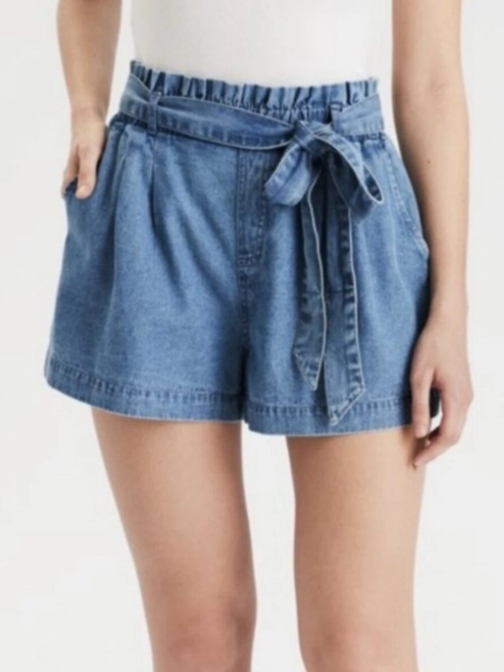 AMERICAN EAGLE Paperbag Denim Jean Shorts Pull-On Belt-Tie Pockets — S